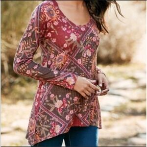 Soft Surroundings Floral Alisanna Rib Knit Tunic Sweater Top Size S Brown Rust